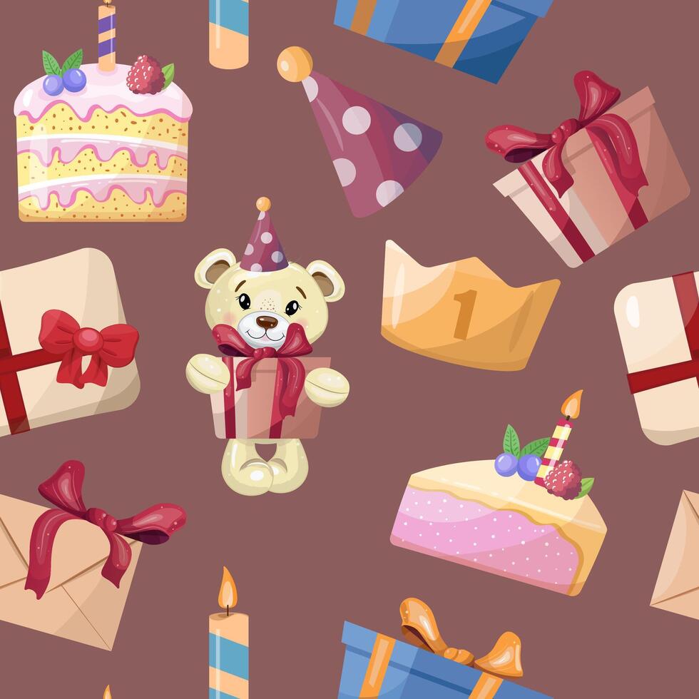 Seamless pattern with birthday cakes, teddy bear, gifts, and crowns vector