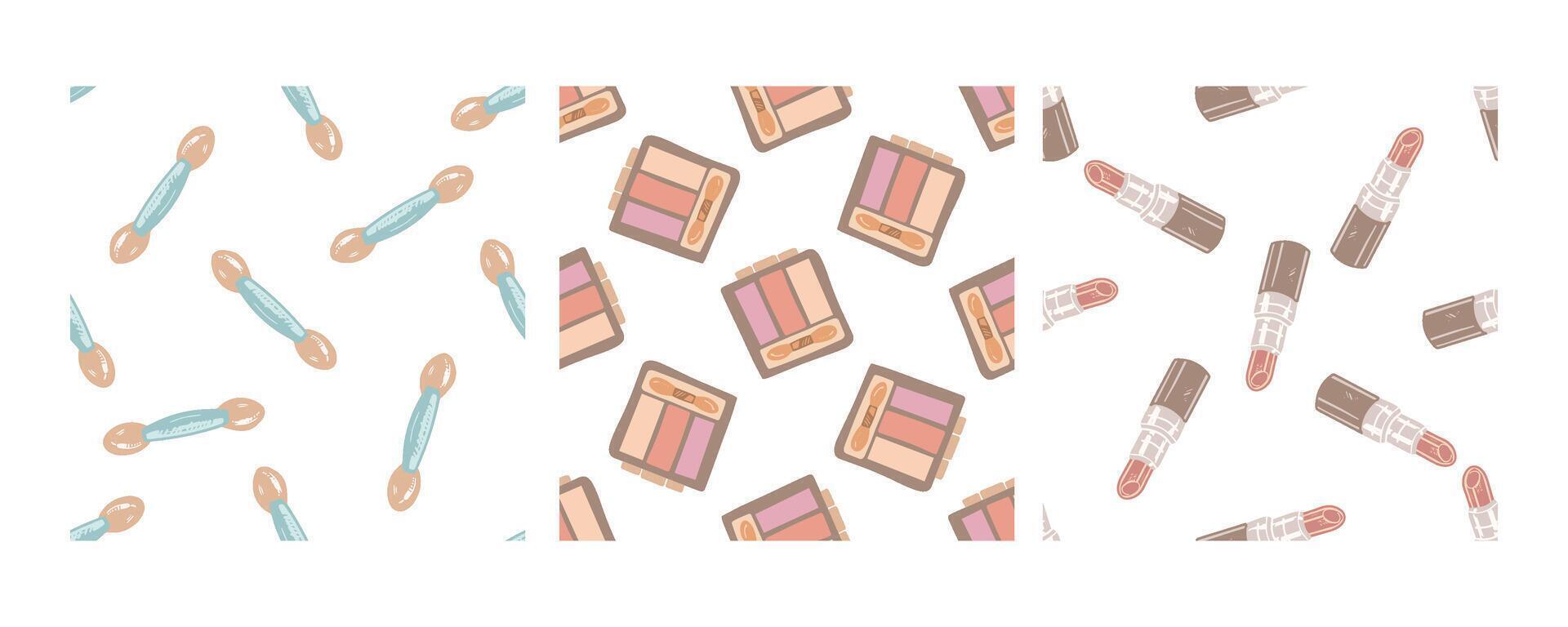 Hand-drawn seamless pattern set of cosmetic items and makeup tools vector
