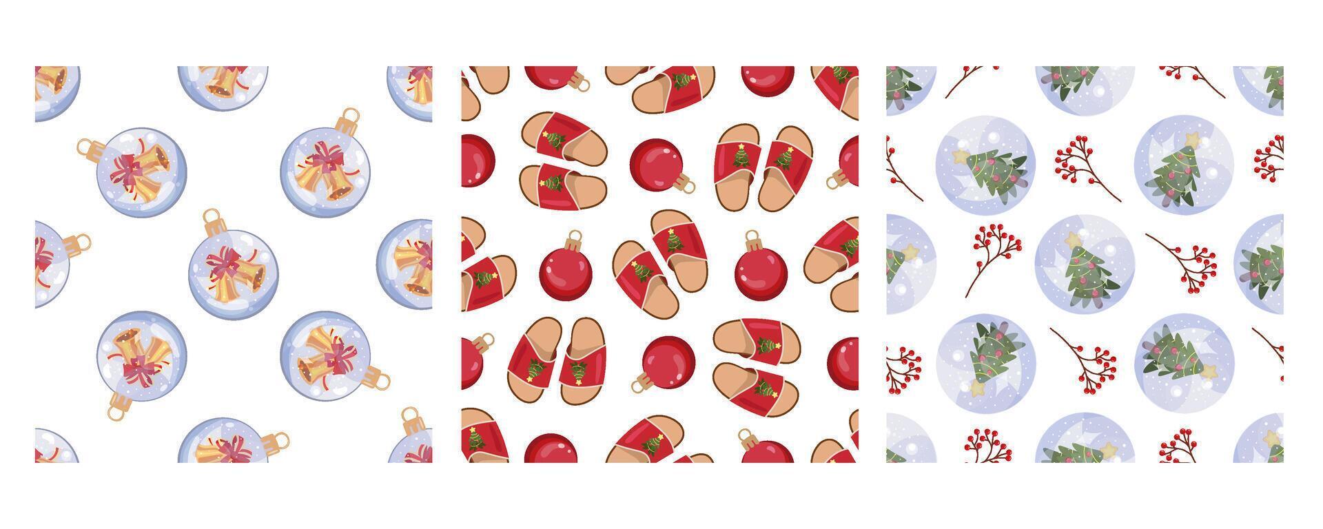 Set of three seamless patterns in flat style with Christmas ornaments, slippers, and festive snow globes vector
