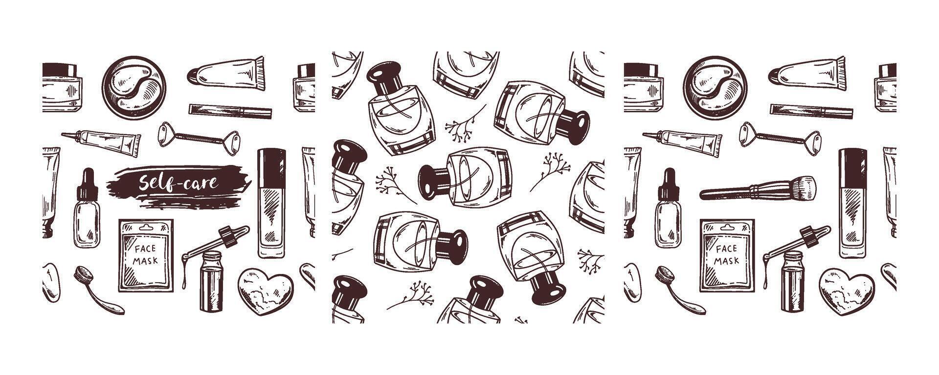 Hand-drawn seamless pattern set of skincare and self-care products vector