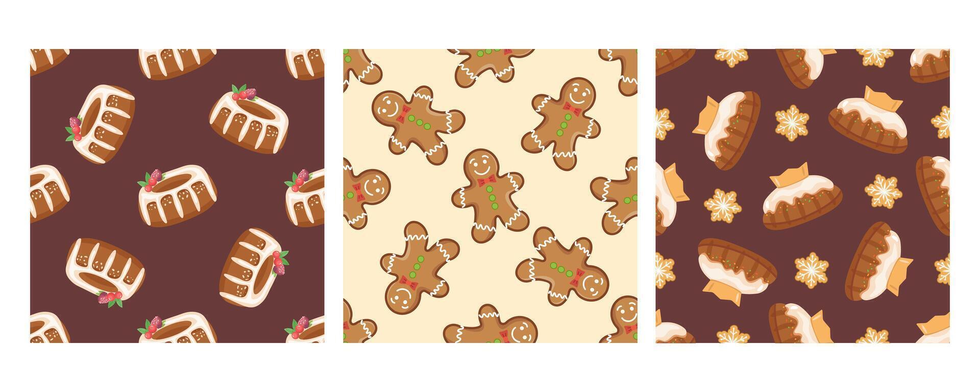 Set of three seamless patterns in flat style with Christmas cakes, gingerbread cookies, and festive pastries vector