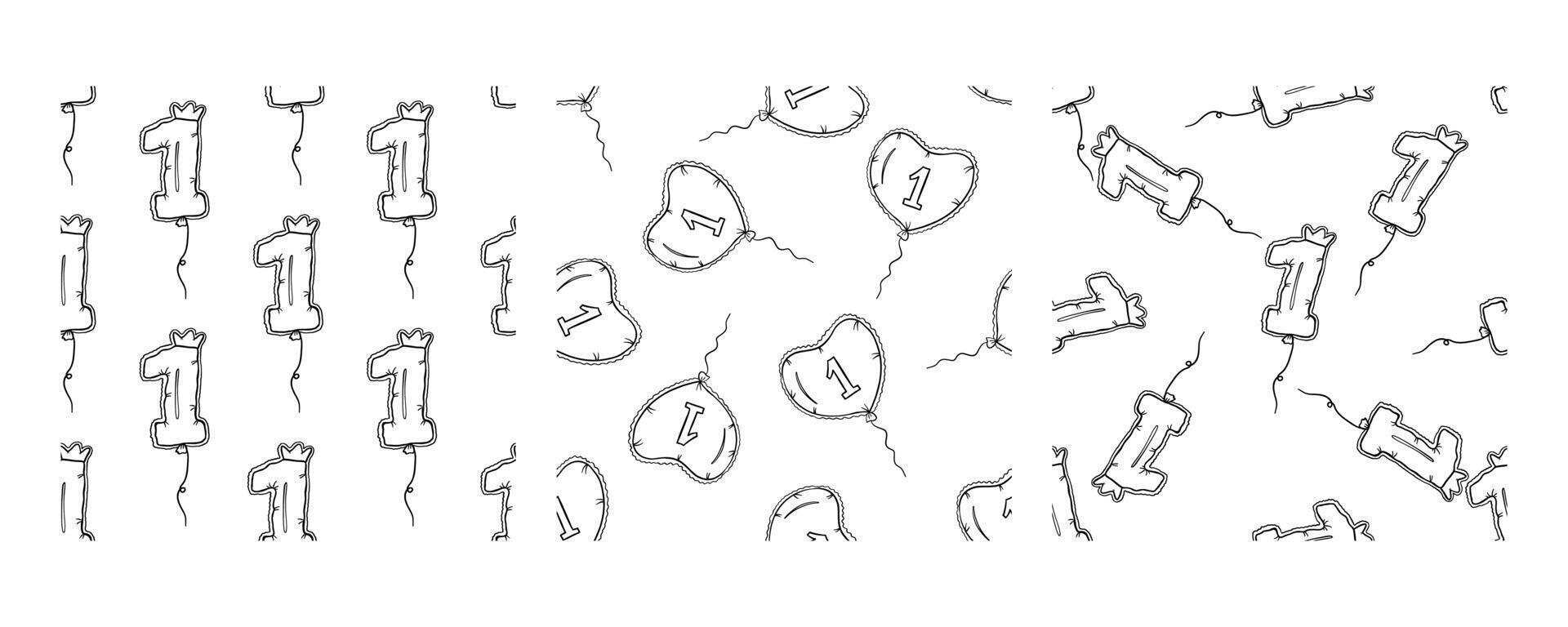 Set of three doodle-style balloon patterns showcasing the number 1 in numeric, heart, and creative shapes vector