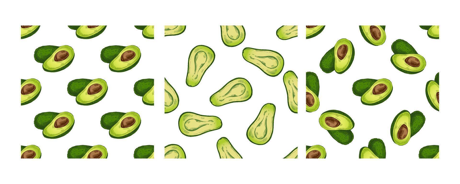 Hand-drawn avocado seamless pattern with green halves and slices vector