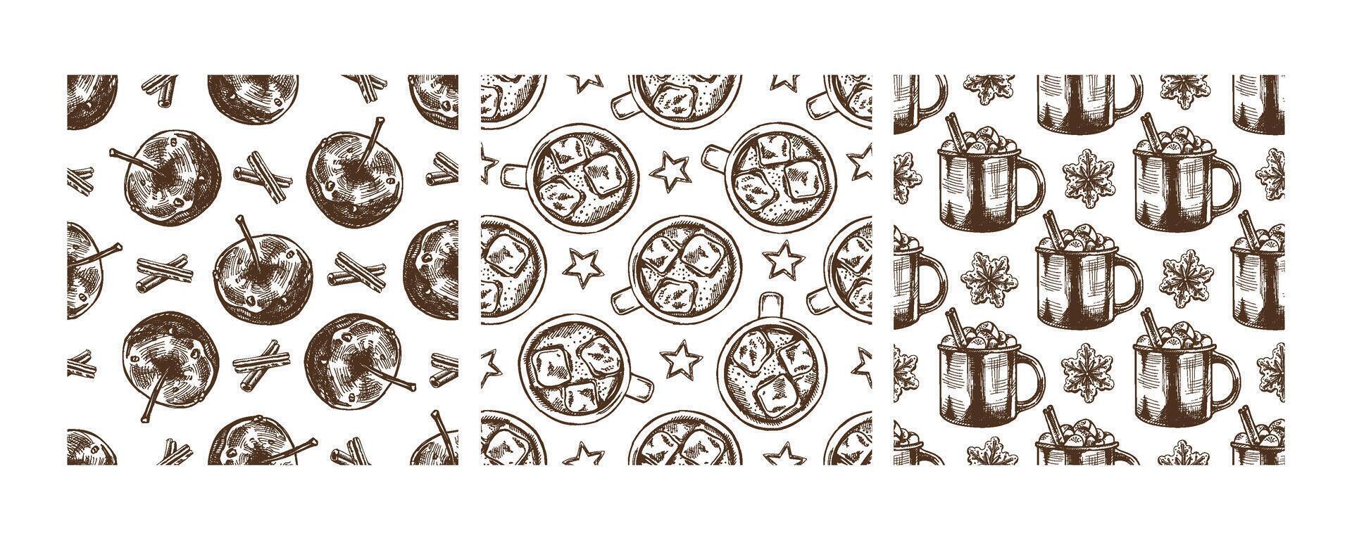 Brown monochrome Christmas seamless pattern with candy apples, hot drinks, and cinnamon sticks vector