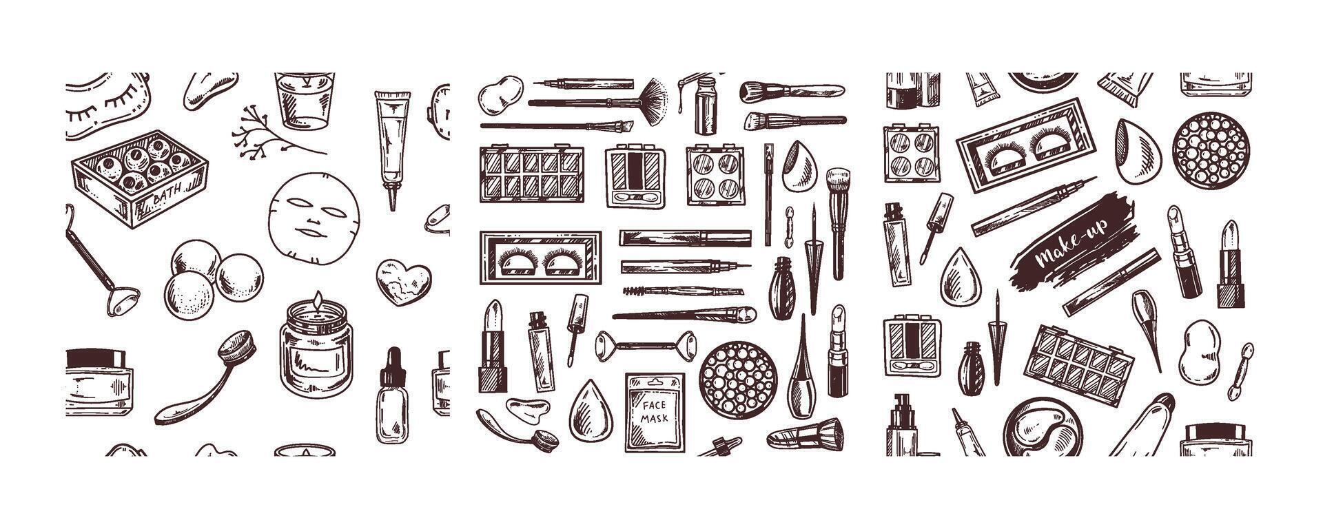 Hand-drawn seamless pattern set with makeup and beauty tools vector