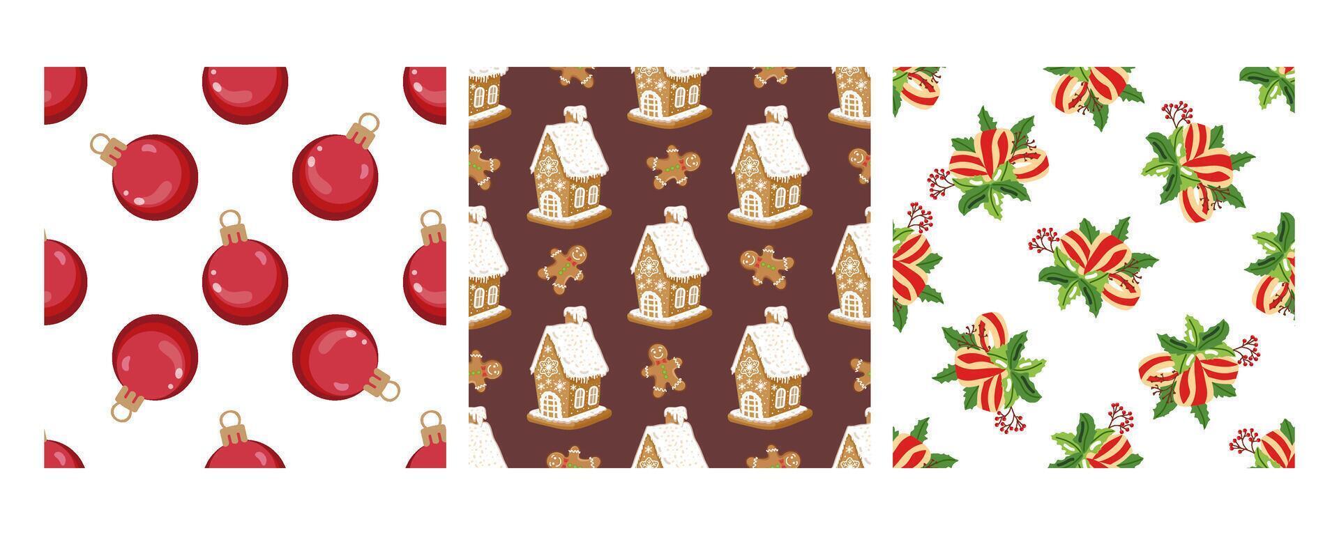 Set of three seamless patterns in flat style with Christmas baubles, gingerbread houses, and holiday florals vector