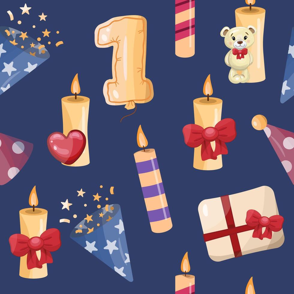 Seamless pattern with candles, balloons, teddy bear, and gift boxes vector