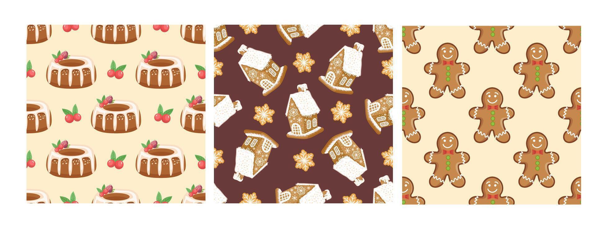 Set of three seamless patterns in flat style with Christmas cakes, gingerbread houses, and gingerbread men vector