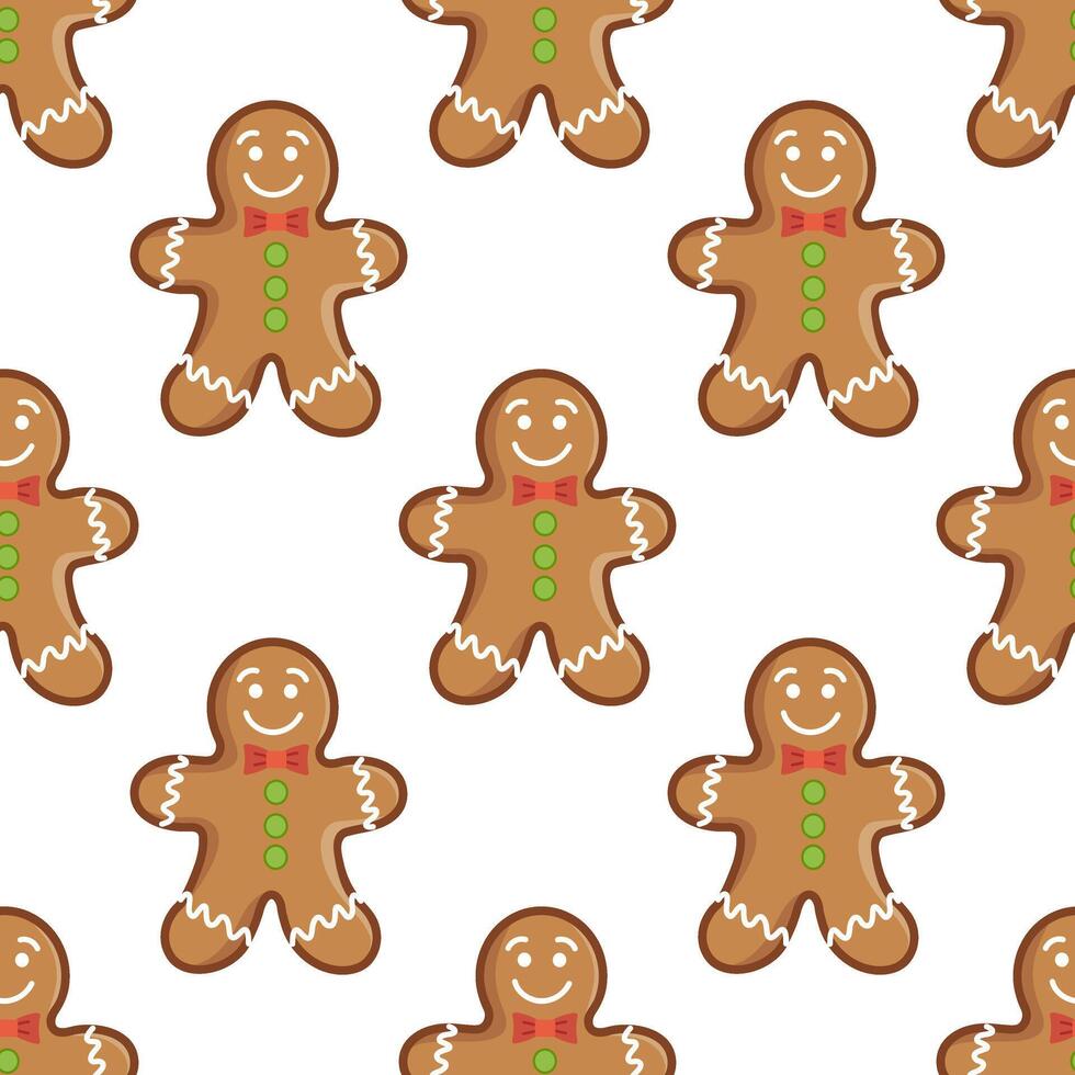 Gingerbread man seamless pattern with bow tie and icing decorations illustration vector