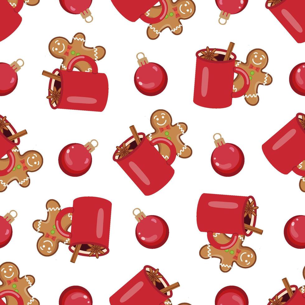 Christmas seamless pattern with mugs, gingerbread cookies, and ornaments vector