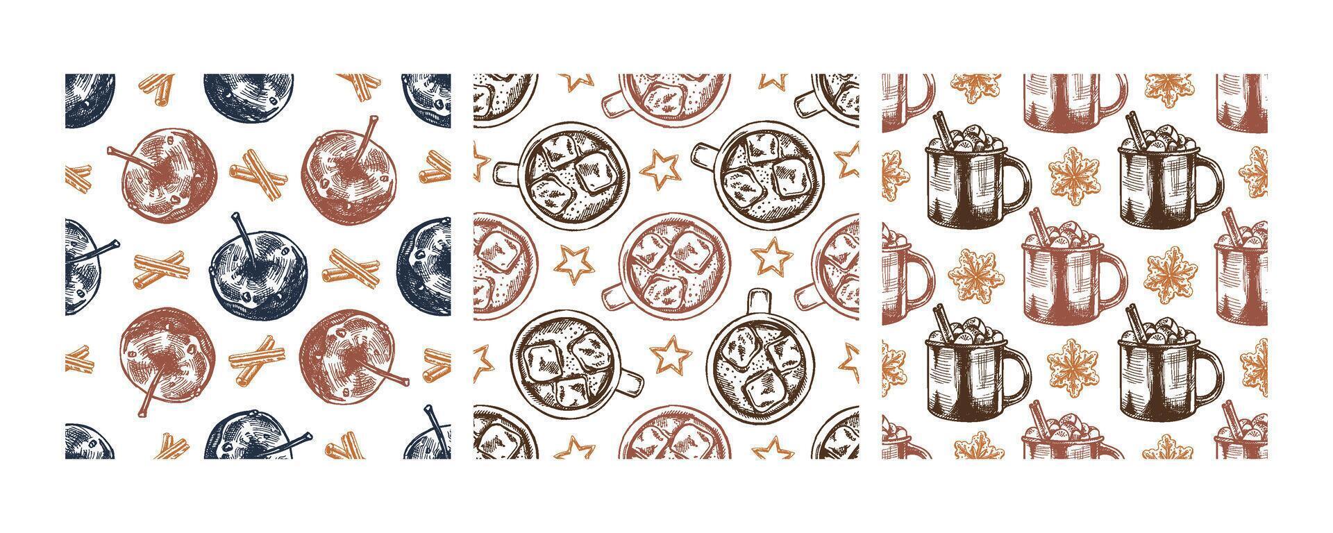 Christmas seamless pattern with candy apples, hot drinks, and cinnamon sticks vector
