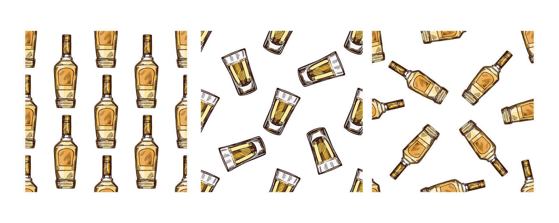 Tequila and-drawn seamless pattern with bottles and glasses vector
