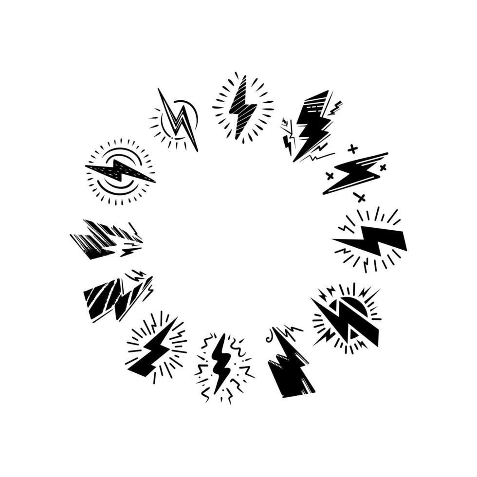 Creative collection of lightning and thunder symbols designed for weather-themed graphics and illustrations in various styles vector