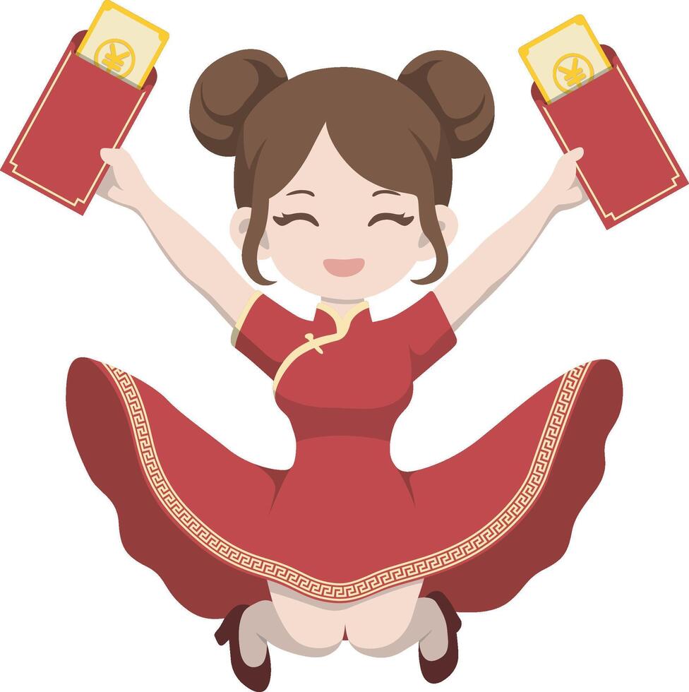 Woman in Cheongsam Holding Red Envelope and Jumping for Lunar New Year. vector
