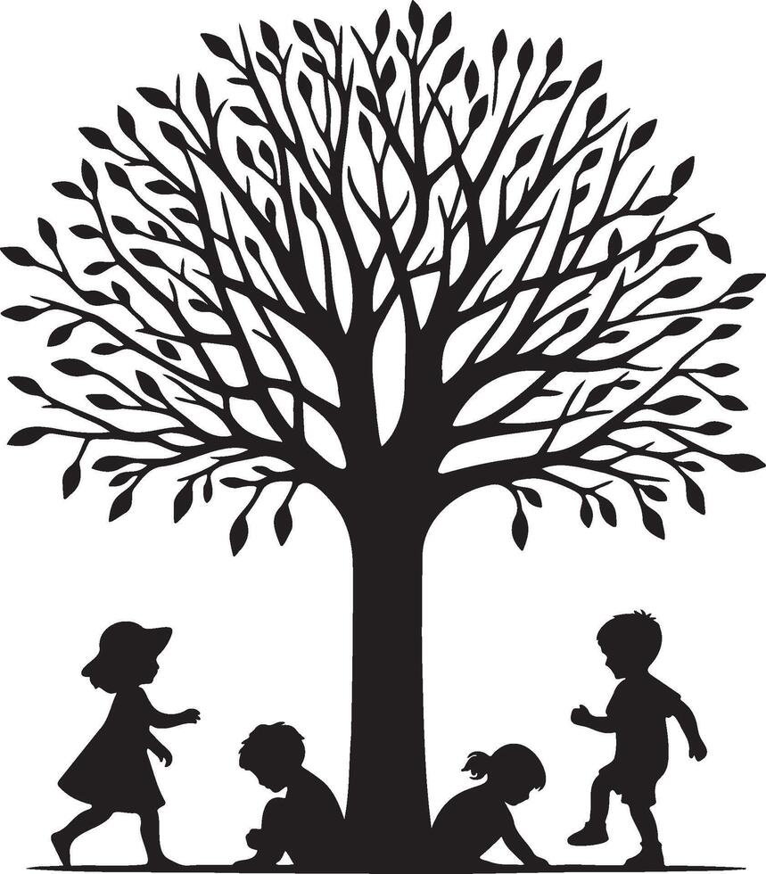 Four Kids Play Under Tree Silhouette. vector
