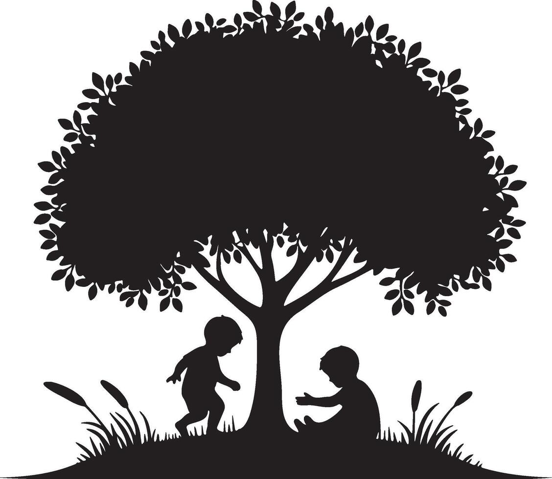 Boys Sitting on Ground and Play Under Tree Silhouette. vector