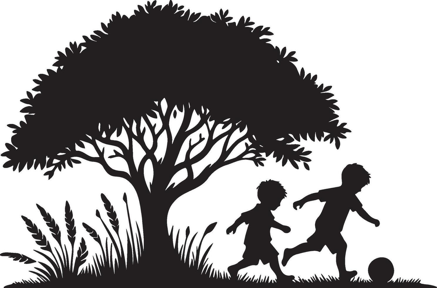 Boys Play Soccer Under Tree Silhouette. vector
