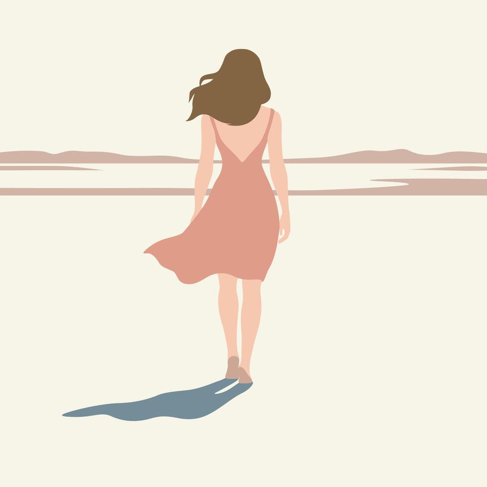 Woman Walking on Beach Illustration. vector
