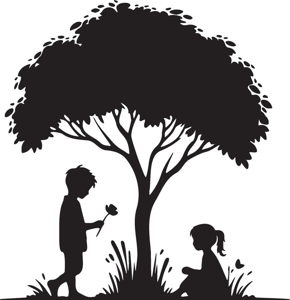 A Boy and Girl Under Tree Silhouette. vector