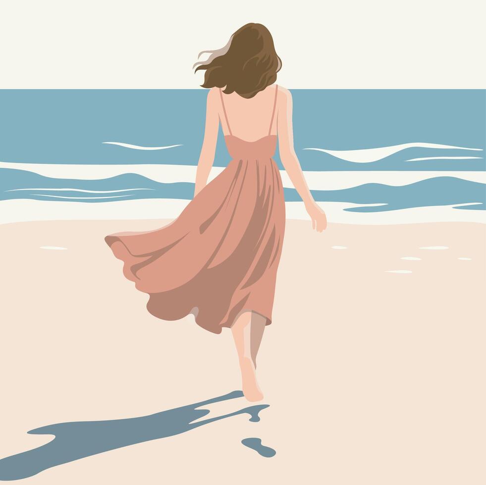 Back View of Woman Walking on Beach. vector