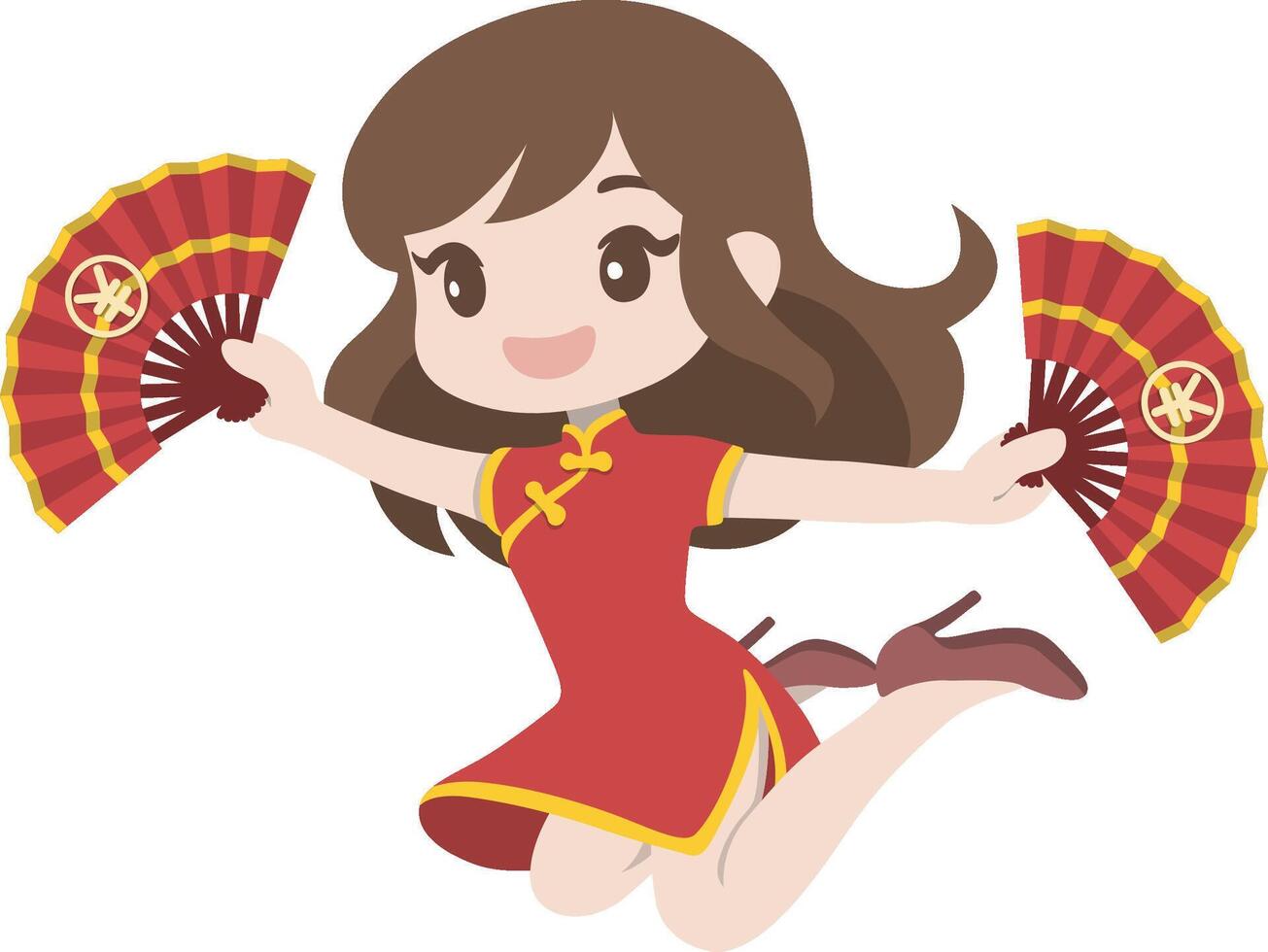 Woman in Cheongsam Hands Holding Paper Fan and Jumping Cheerfully for Lunar New Year. vector