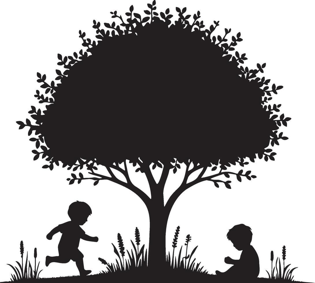 Two Boys Play Under Tree Silhouette. vector