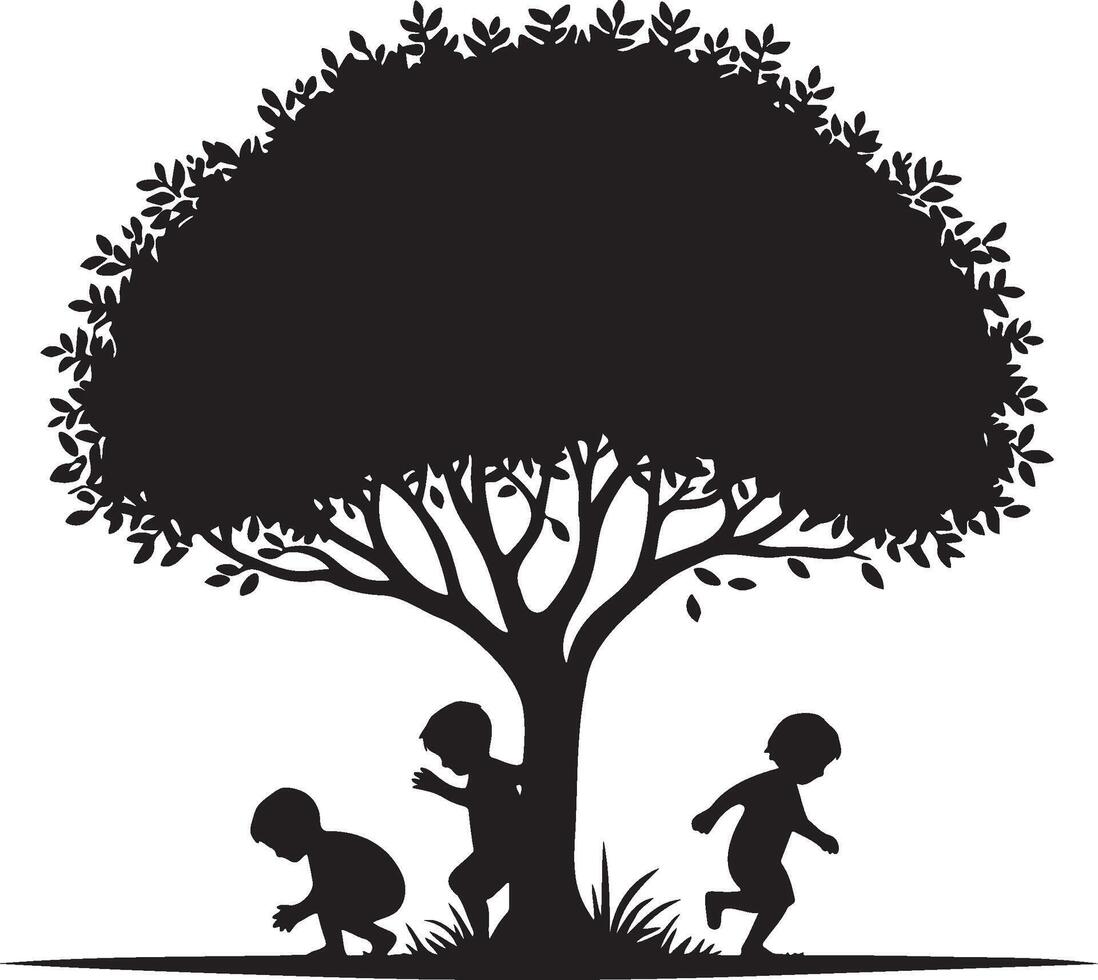 Three Kids Play Under Tree Silhouette. vector