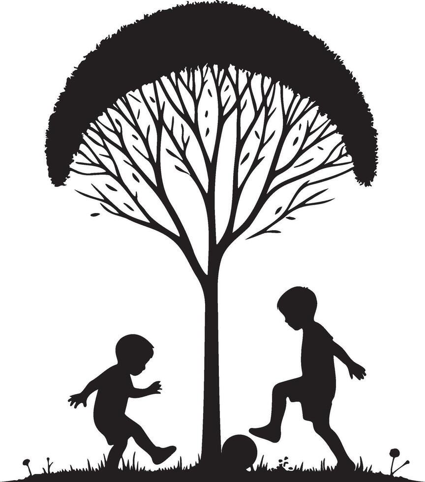 Two Kids Play Soccer Under Tree Silhouette. vector