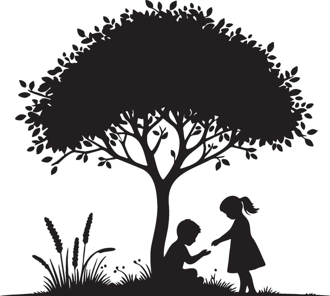 Kids Play Under Tree Silhouette. vector