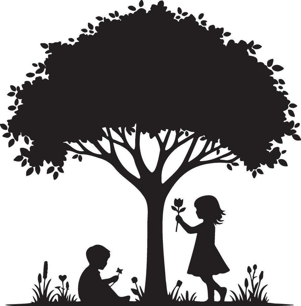 Little Boy and Girl Play Under Tree Silhouette. vector