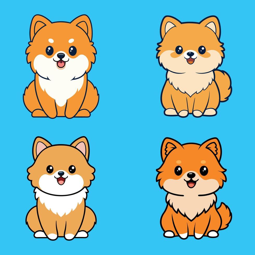 Sweet Set of Pomeranian Sitting Poses Isolated Illustrations vector