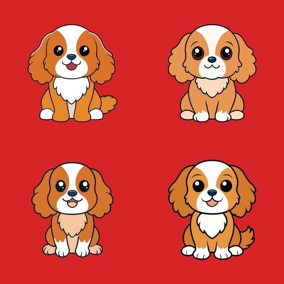 Charming Isolated Illustrations of Toy Spaniel Dogs SittingPrint vector
