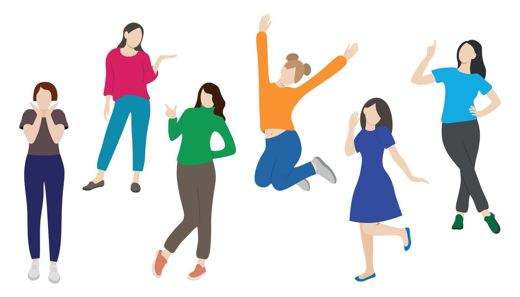 Young cheerful girls posing, faceless illustration, flat style, isolate on white vector