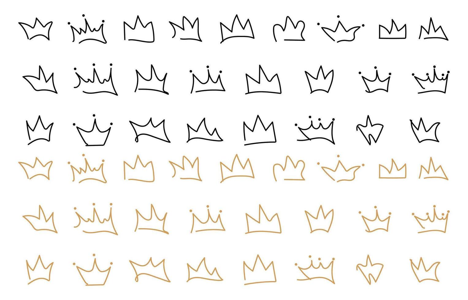 Hand-drawn doodle crowns. King crown sketches, majestic tiara, king and queen royal diadems . Line art prince and princess luxurious head accessories isolated on white background vector