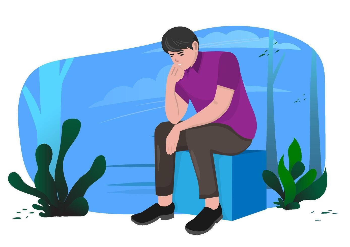 A man puts his hand on his chin. The person sits and thinks. Sadness, discomfort. Psychology. vector