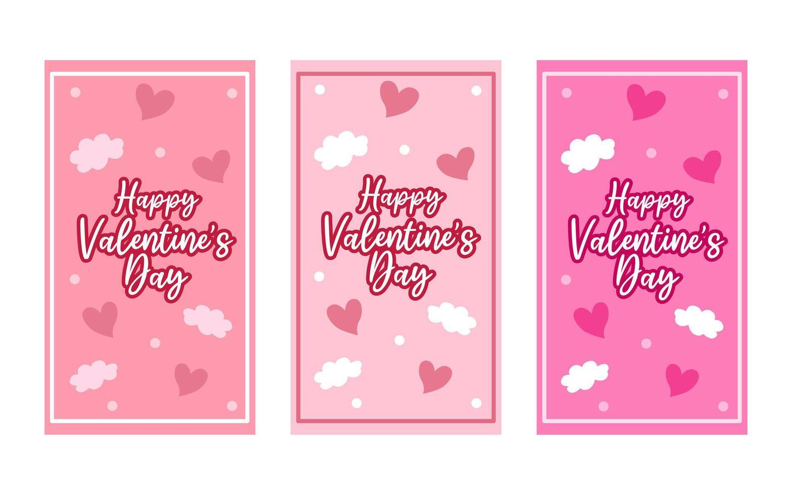 Three pink Valentines Day cards feature hearts clouds and greetings. vector