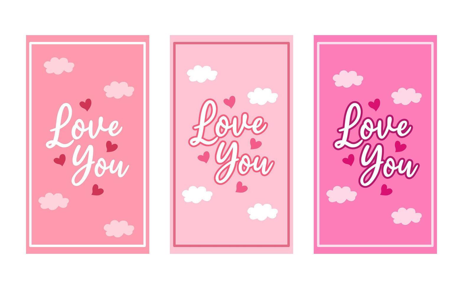 Three pink cards feature hearts clouds and Love You text. vector