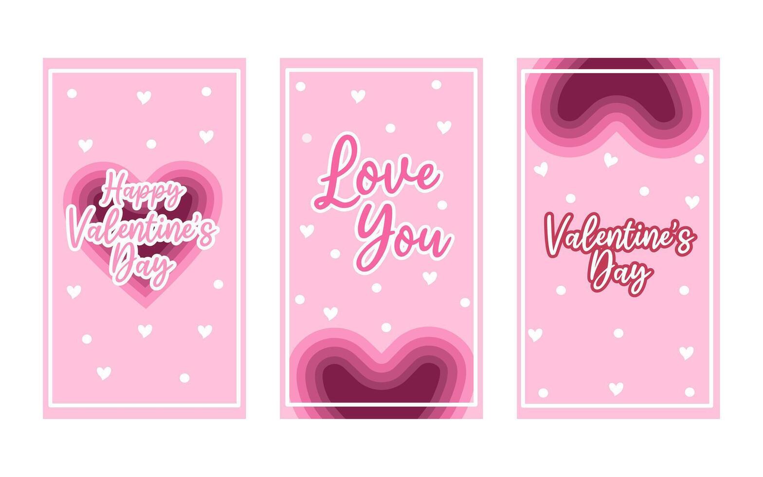 Three pink Valentines Day cards feature hearts text and dots. vector