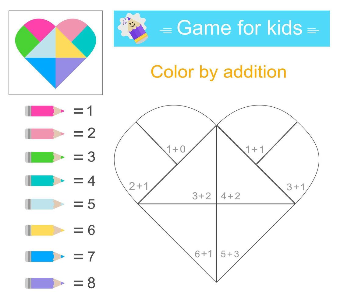 Color by addition. Math activity for kids. Developing numeracy skills. Number range up to 10 vector