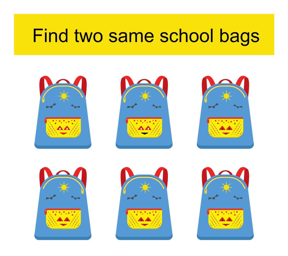 Educational game for kids. Need to find two same school bags. Visual intelligence. illustration vector