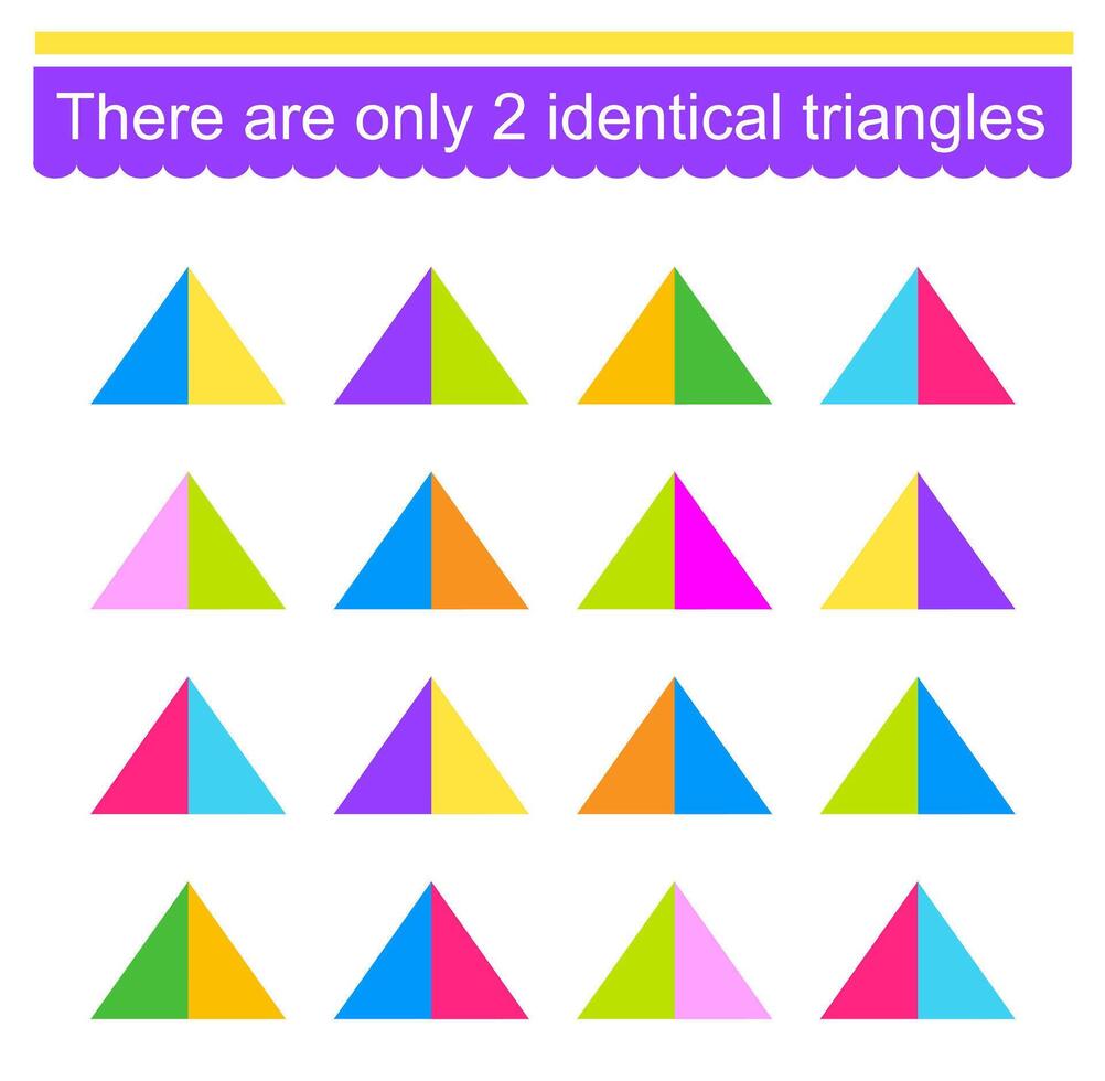 Educational game for kids. Need to find two identical triangles. Visual intelligence. illustration vector
