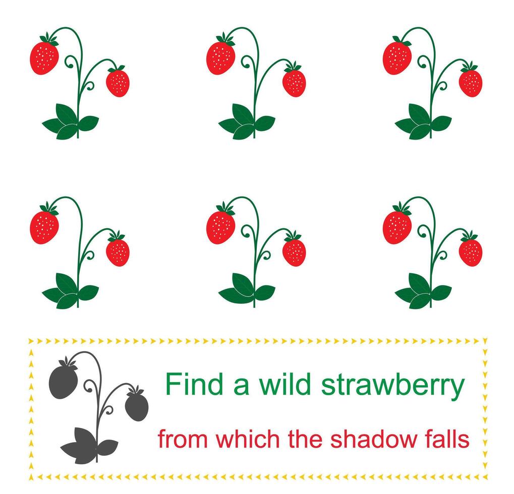 Educational game for kids. Task for attentiveness. Find a wild strawberry from which the shadow falls. vector