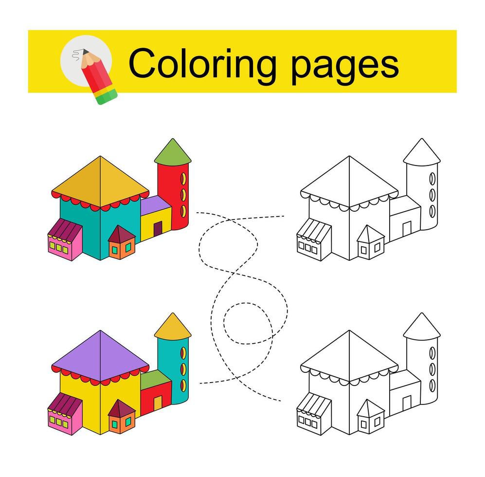 Educational game for kids. Go through the maze and color a cartoon house according to the pattern. vector