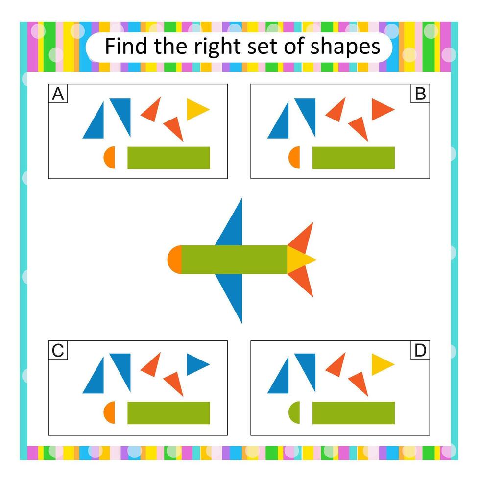 Puzzle for kids. Find the correct set of cartoon airplane. Answer is A. vector