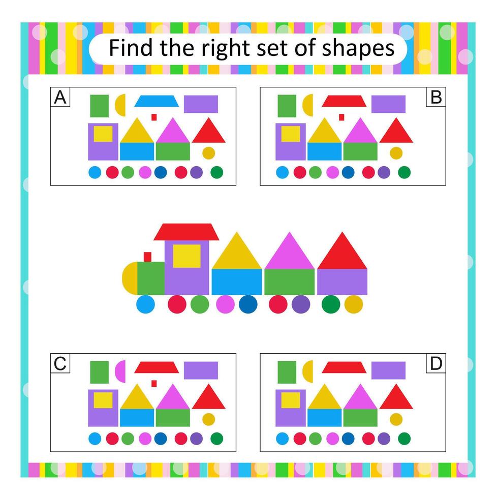 Puzzle for kids. Attention task. Find the correct set of cartoon train. Answer is B. vector