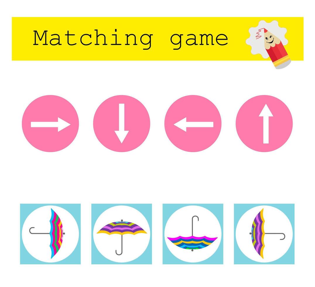Fun educational kids game. Match umbrellas with arrows. vector