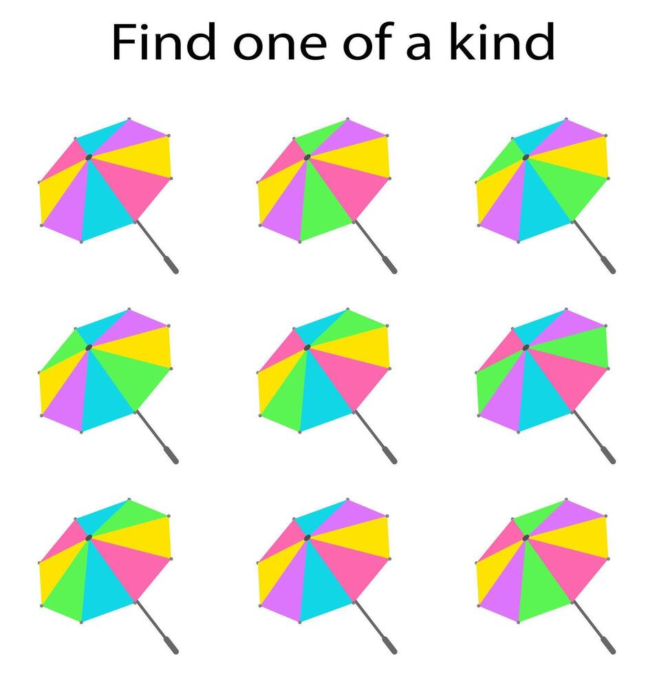 Fun education game for kids. Need to find one of a kind umbrella. Kids activity page. illustration vector