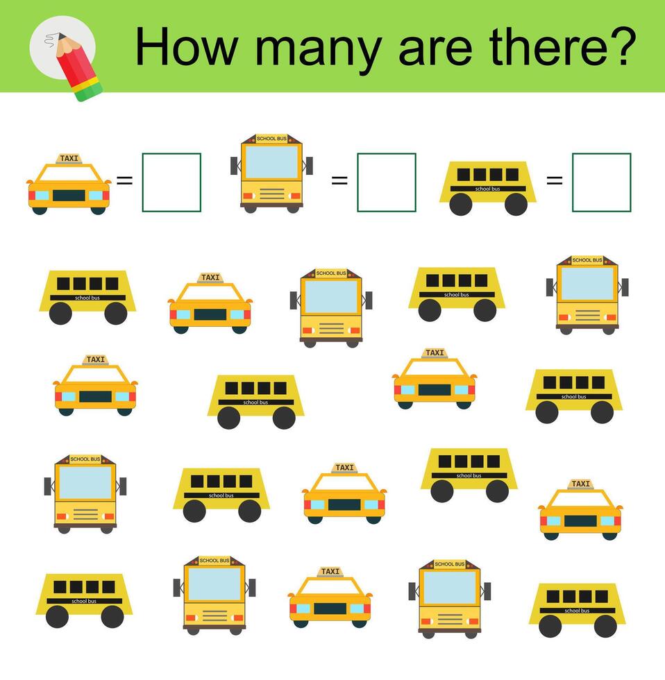 Math activity for kids. Developing numeracy skills. Cartoon transport. vector