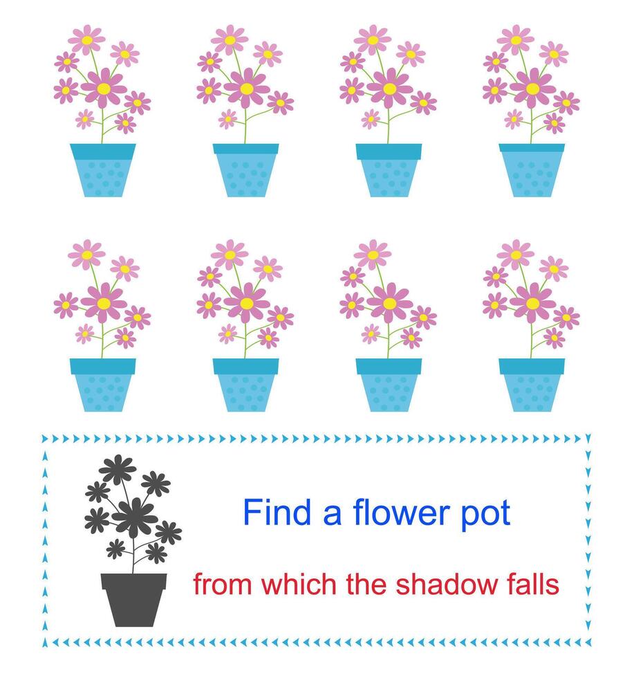 Educational game for kids. Task for attentiveness. Find a flower vase from which the shadow falls. illustration. vector