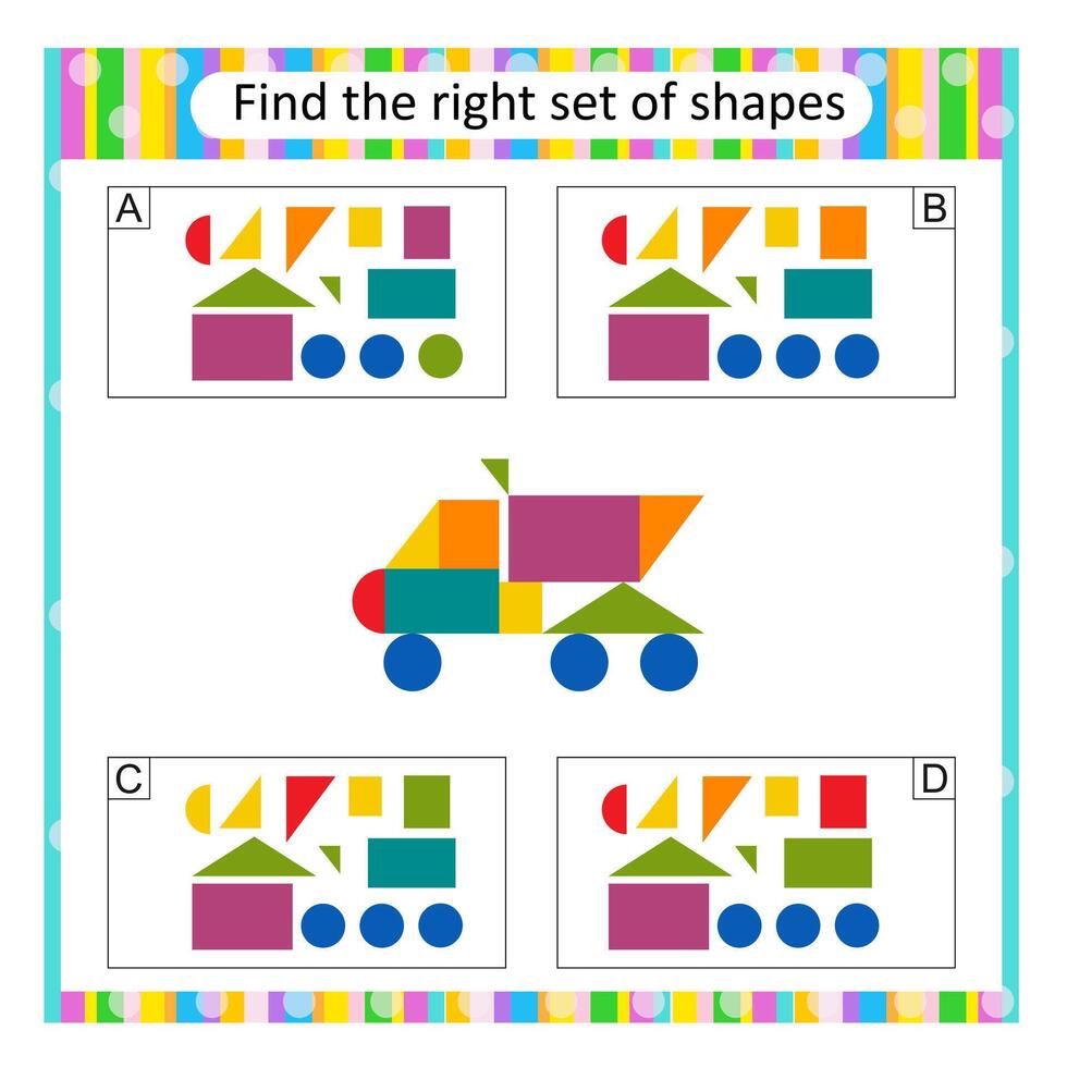 Puzzle game for children. Find the correct set of cartoon dump truck. Answer is B. vector